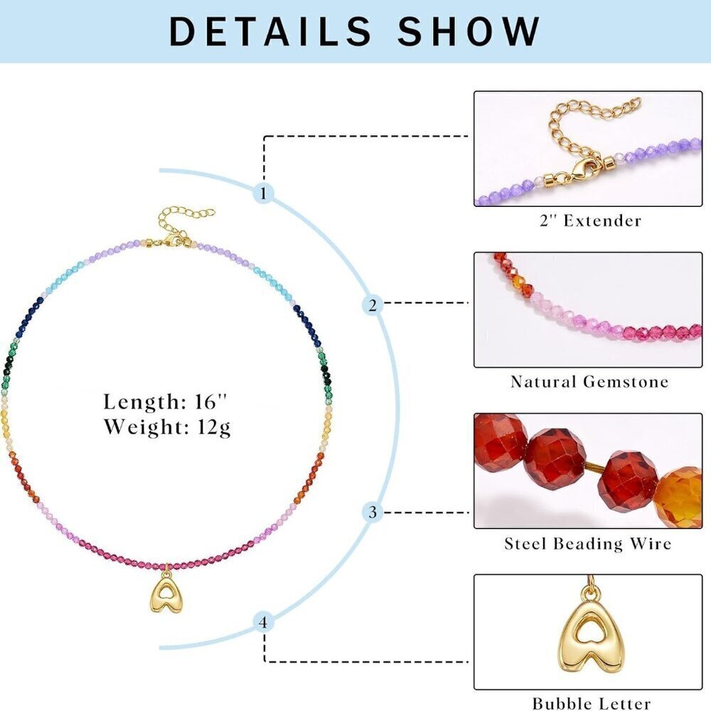 Beaded Initial Necklace Women Gold Plated Rainbow Gemstone Choker Summer Beach J - Picture 5 of 7